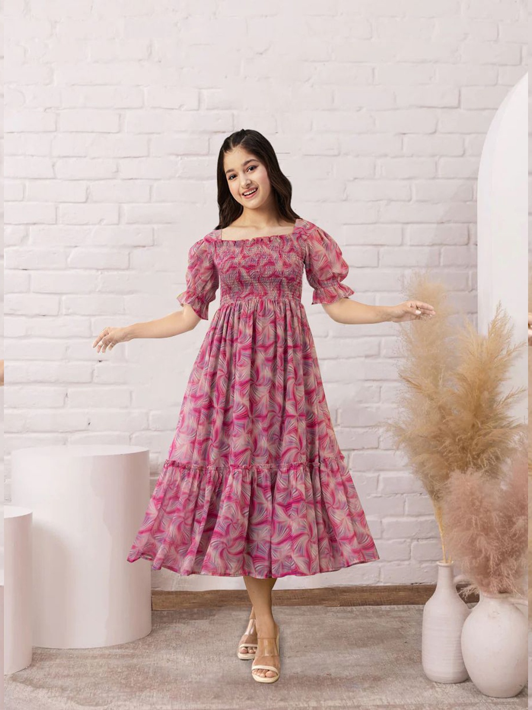 

Kedar Fab Women Square Neck Abstract Print puff Sleeve Smocked Fit & Flare Midi Dress, Pink