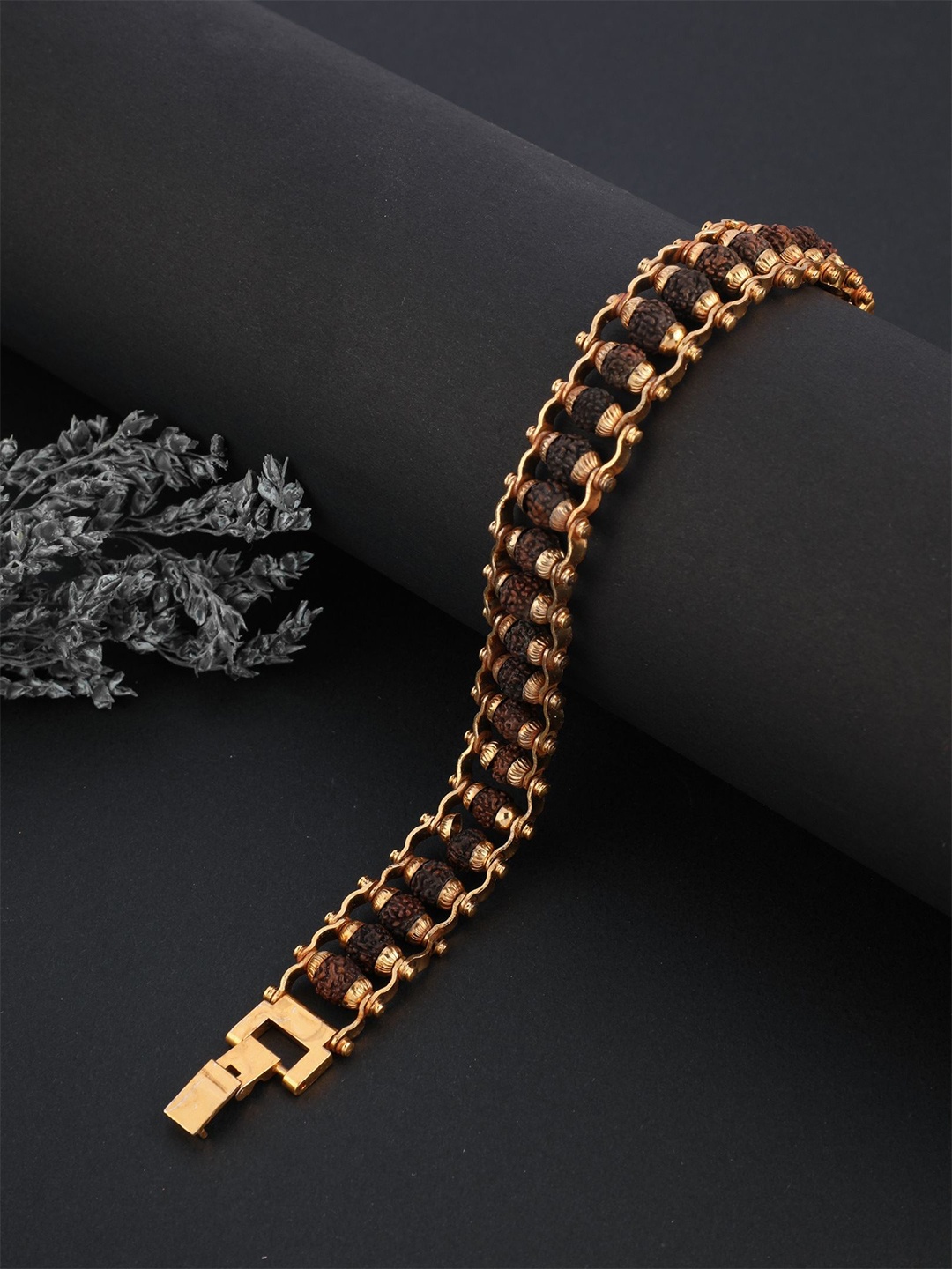 

The ivora Men Gold-Plated Stainless Steel Cubic Zirconia Studded Charm Bracelet