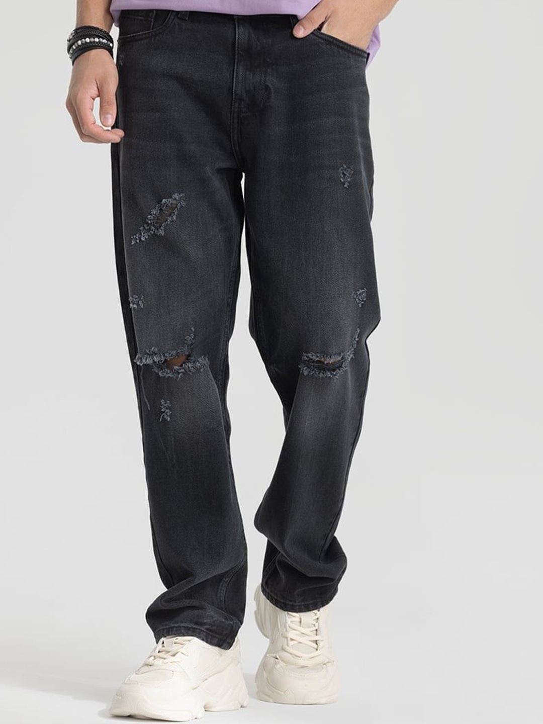 

Snitch Men Comfort Relaxed Fit Mildly Distressed Light Fade Stretchable Jeans, Charcoal