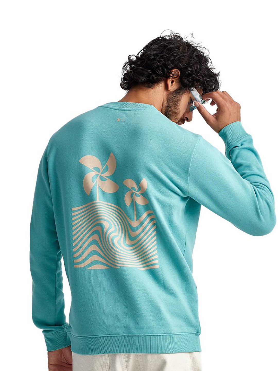 

Ludic Men Floral Printed Round Neck Cotton Pullover Sweatshirt, Blue