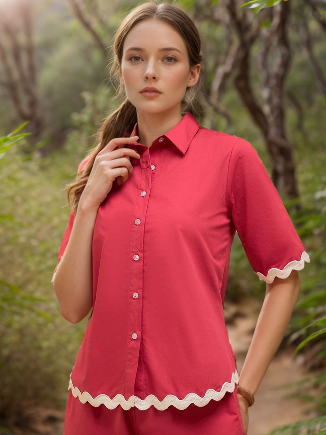 

RARE Women Spread Collar Solid Cotton Casual Shirt, Pink