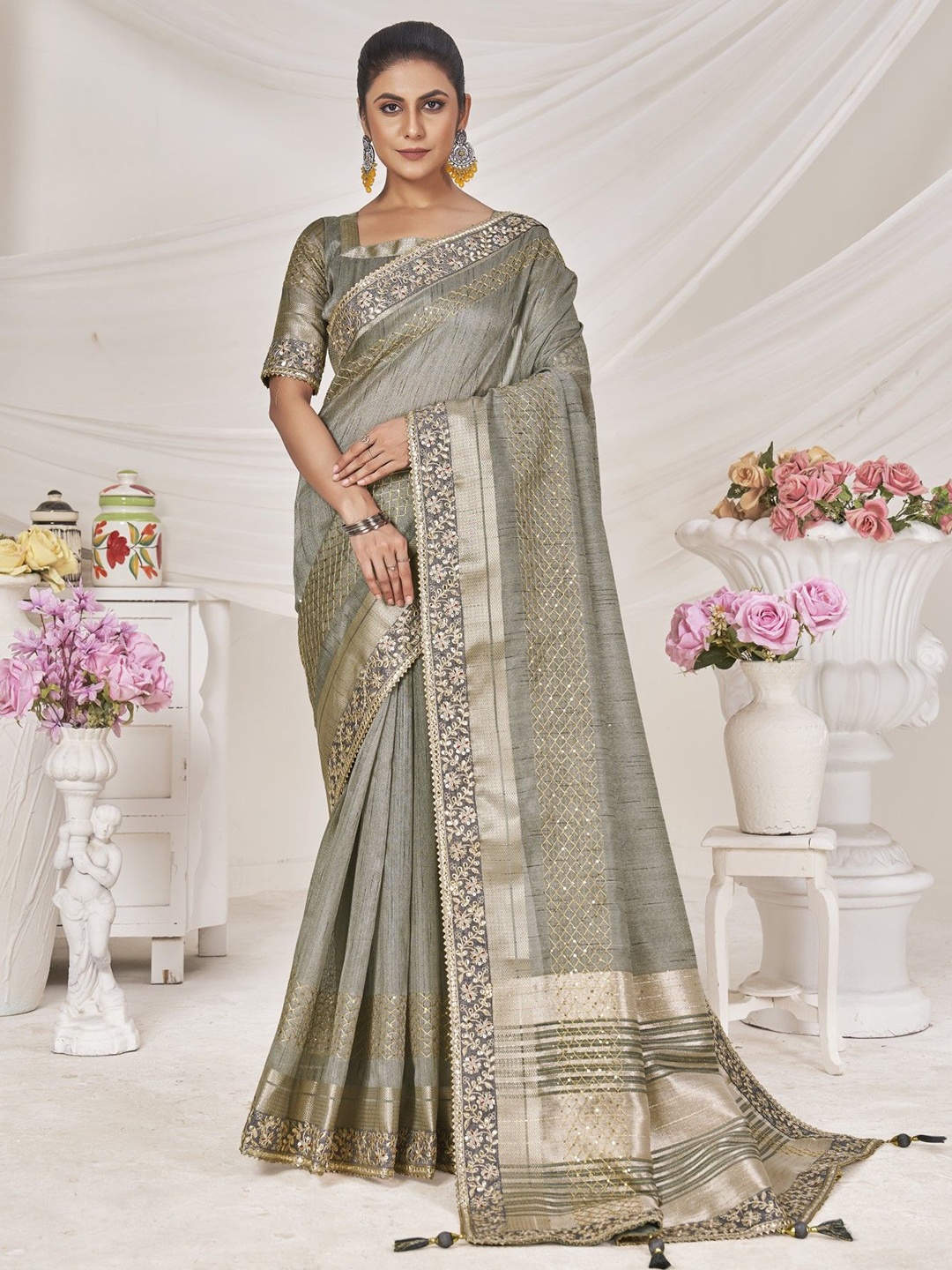 

Mitera Embellished Embroidered Linen Blend Saree, Grey