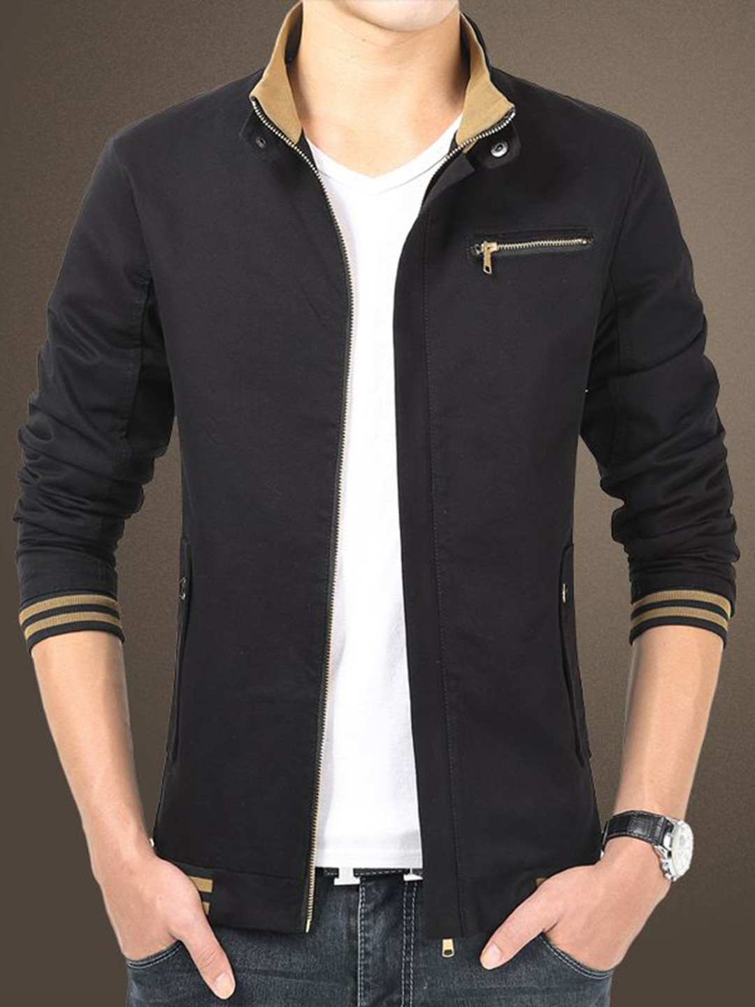 

StyleCast x Revolte Men Mandarin Collar Varsity Jacket, Black