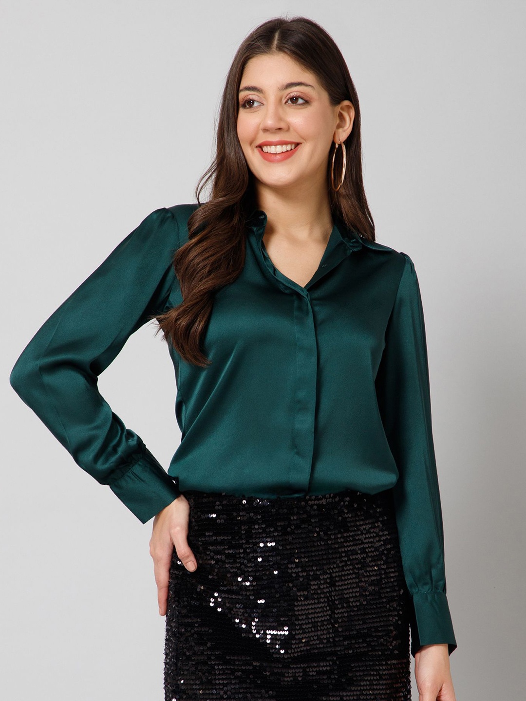 

PURYS WORKSPACE Women Classic Spread Collar Solid Formal Shirt, Green