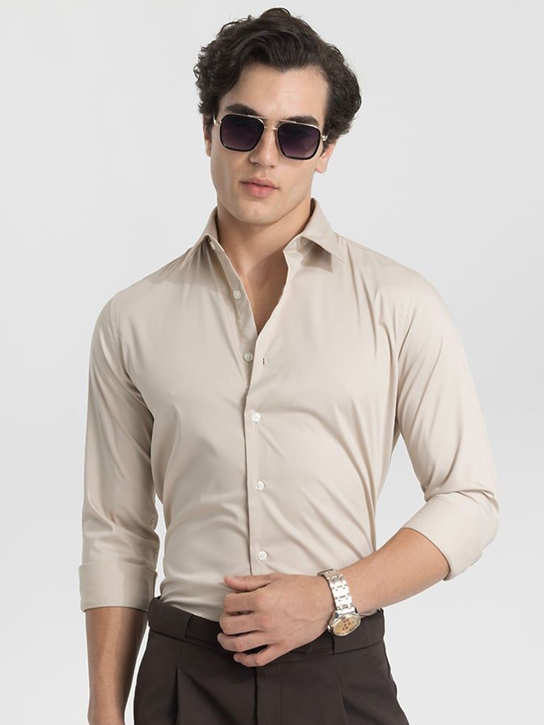 

Snitch Men Smart Slim Fit Opaque Formal Shirt, Cream