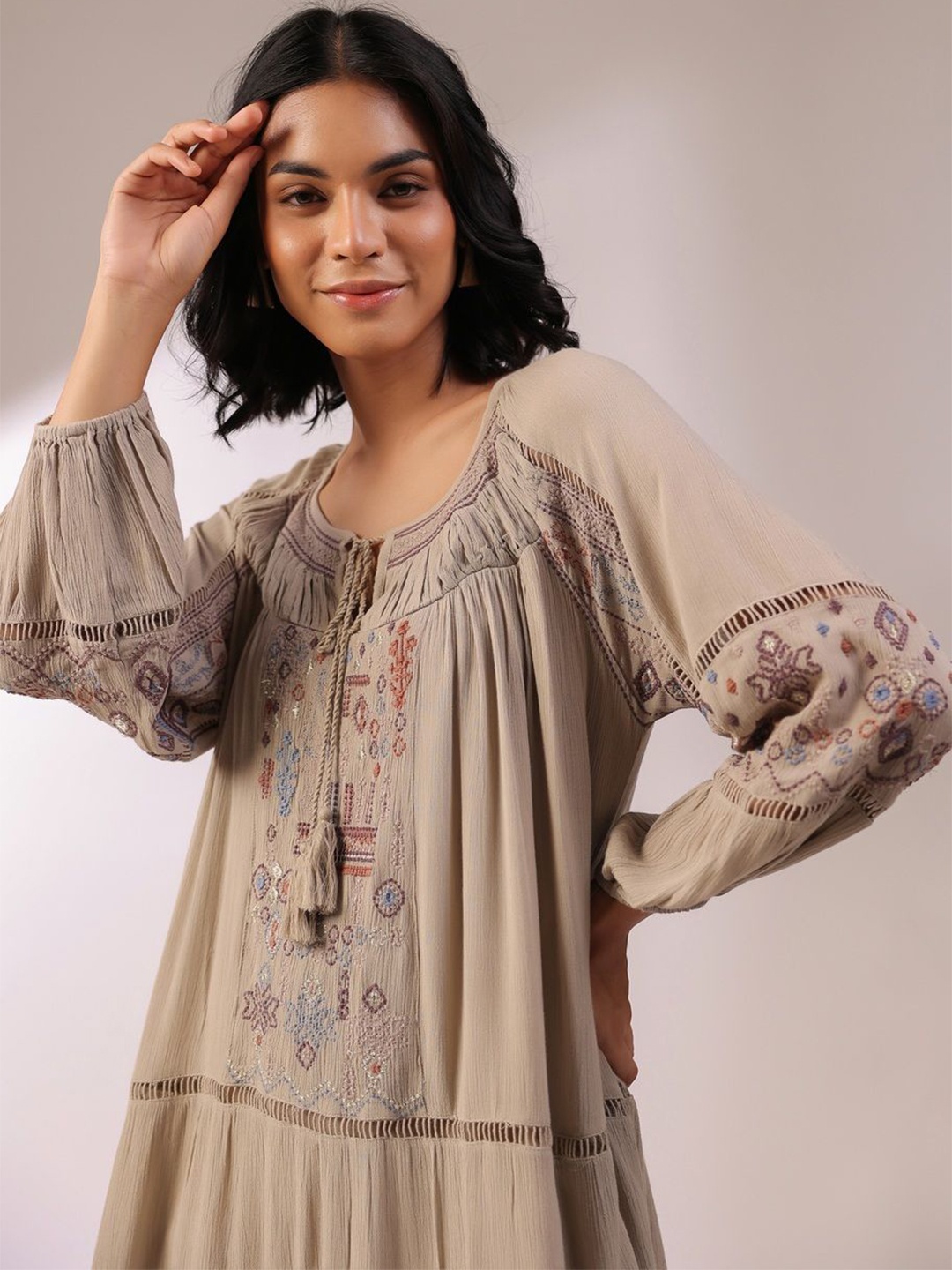 

Nyaro Embroidered Keyhole Neck Empire Dress, Khaki