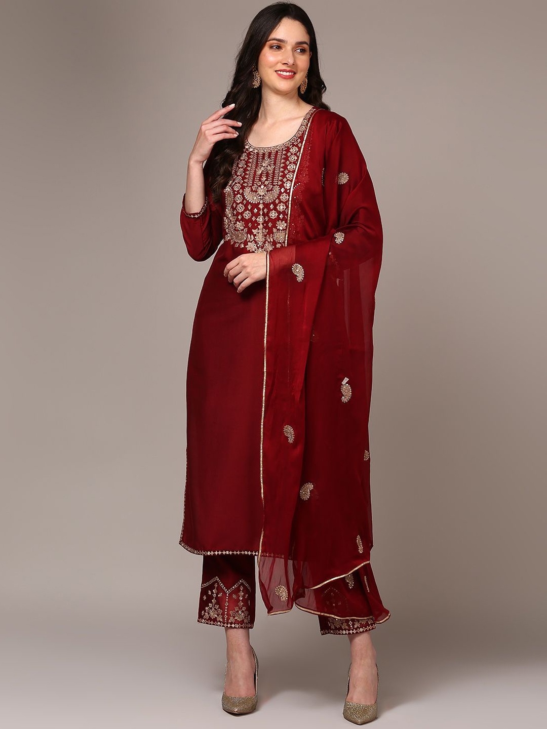 

KALINI Women Embroidered Regular Kurta with Trousers & With Dupatta, Maroon