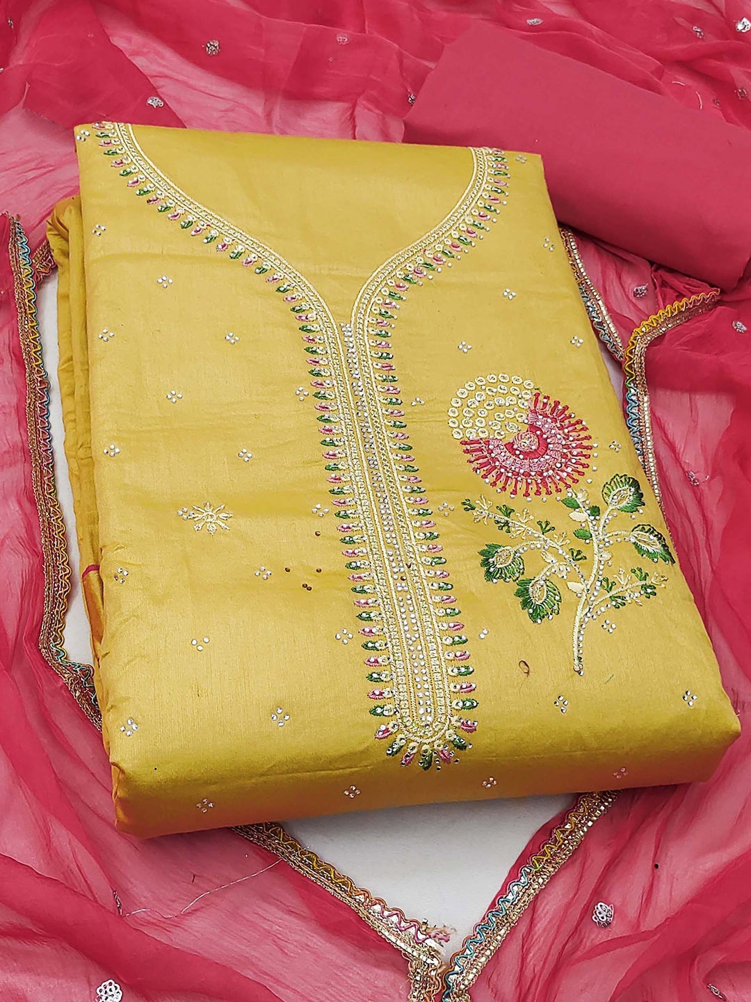 

KALINI Floral Embroidered Sequinned Unstitched Dress Material, Yellow