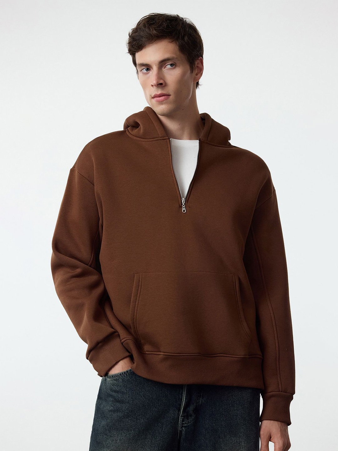 

Trendyol Men Solid Hood Cotton Pullover Sweatshirt, Brown