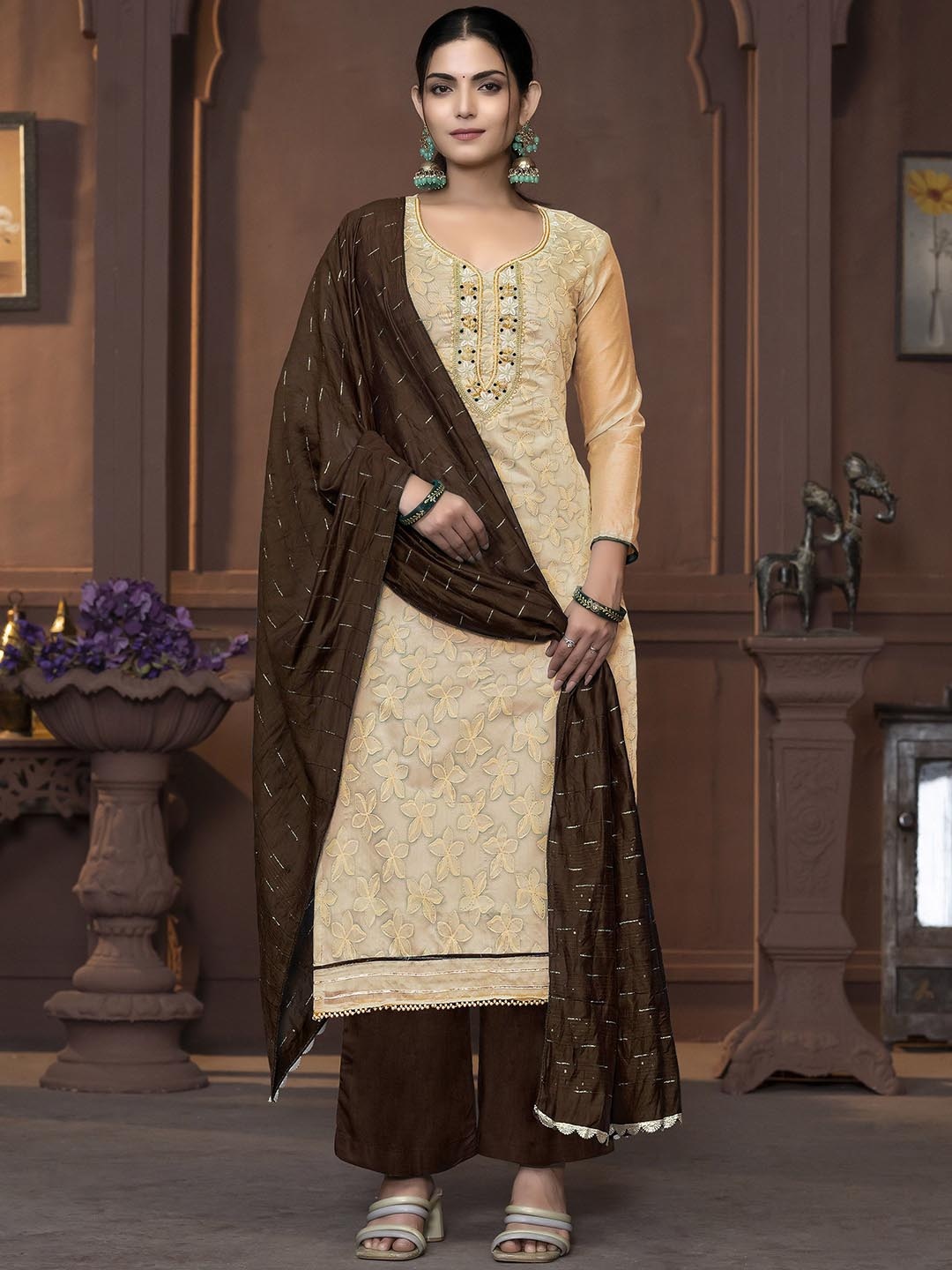 

MANVAA Floral Printed Unstitched Dress Material, Beige