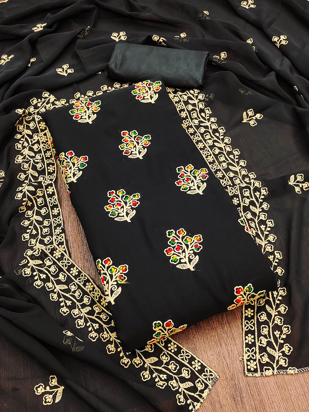 

KALINI Floral Embroidered Silk Georgette Unstitched Dress Material, Black