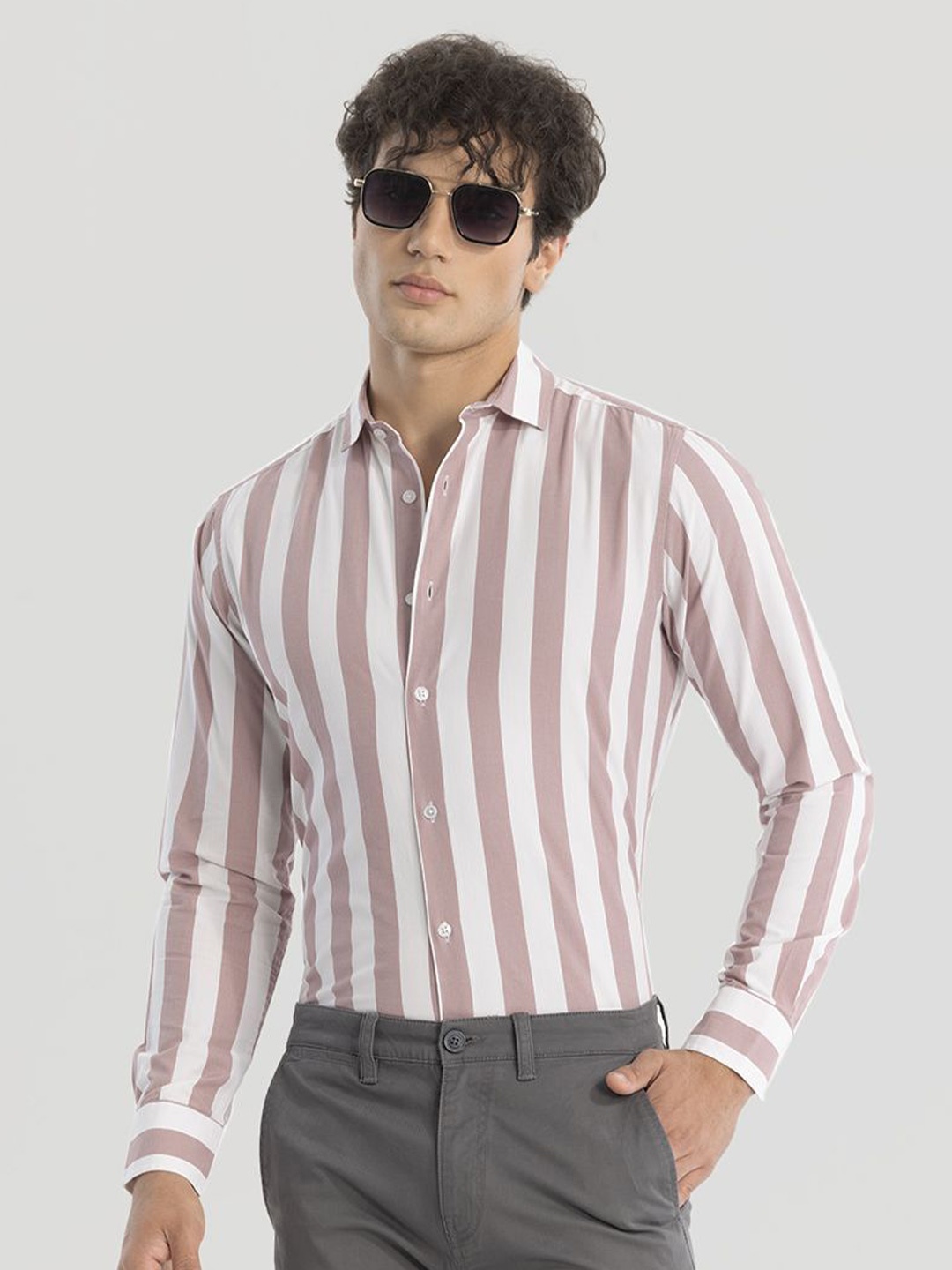 

Snitch Men Smart Slim Fit Opaque Striped Casual Shirt, White