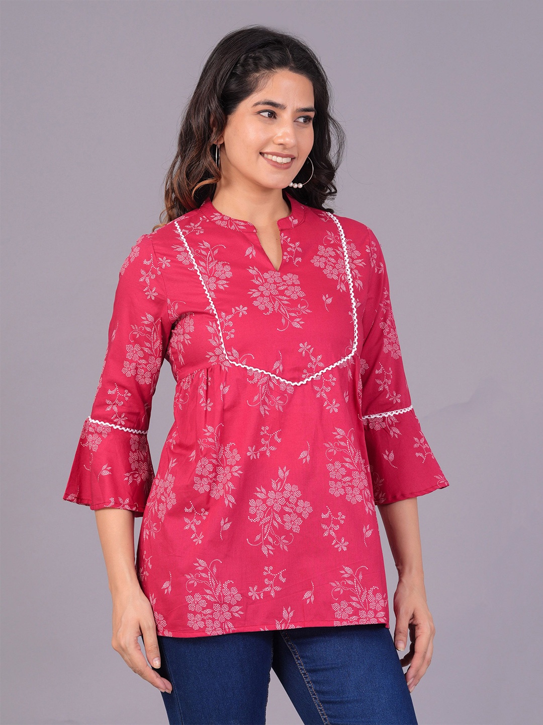 

BAESD Women Floral Printed Mandarin Collar Cotton Top, Pink