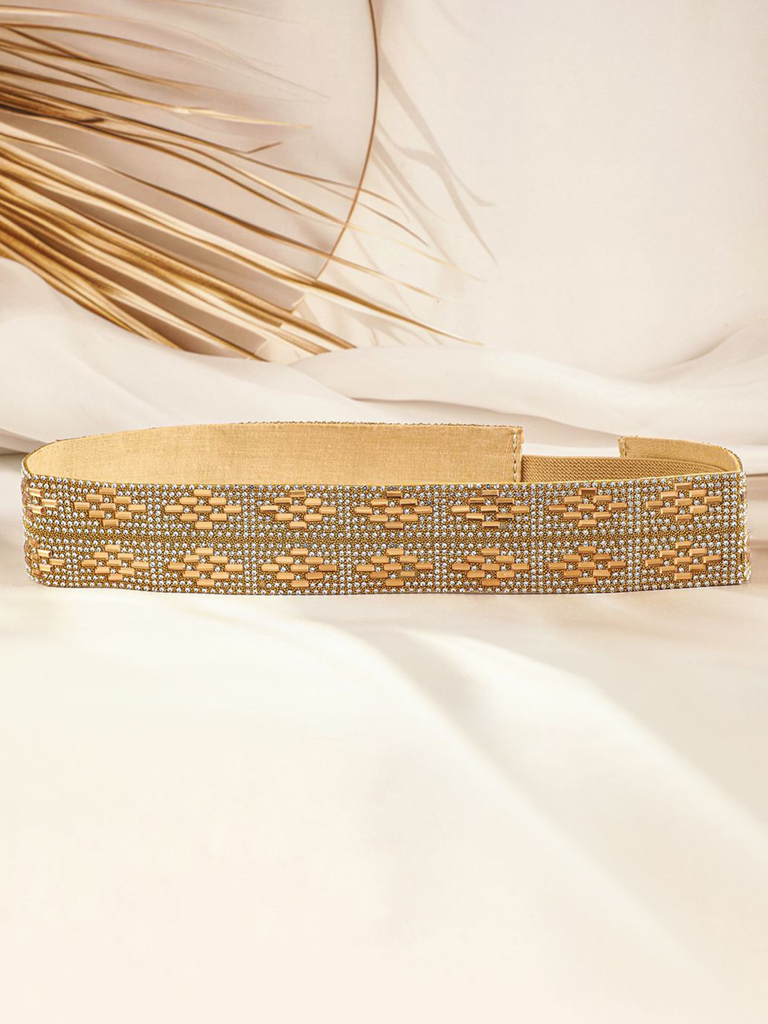 

Rubans Gold-Toned Crystal Zirconia Studded Geometric Design Adjustable Waist Belt