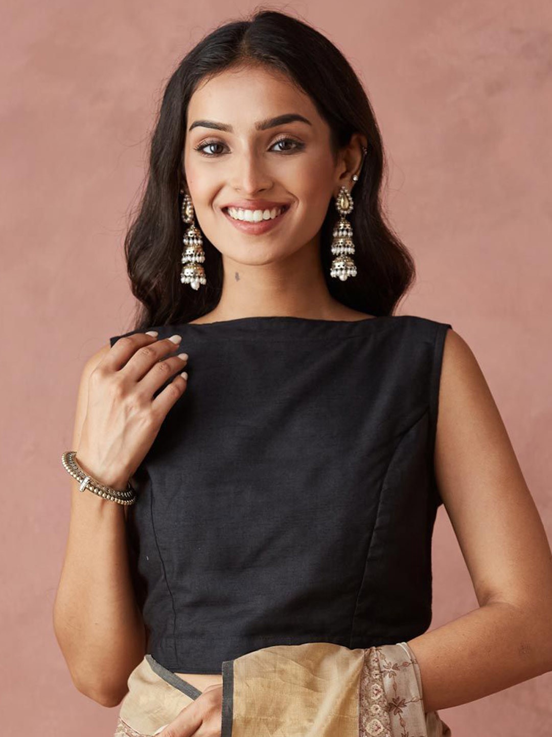 

Fabindia Women Solid Boat Neck Readymade Saree Blouse, Black