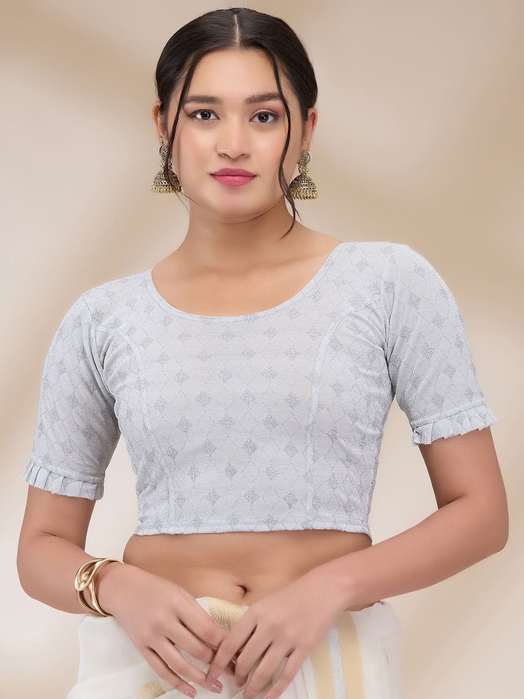 

Mmore Self-Design Saree Blouse, Silver