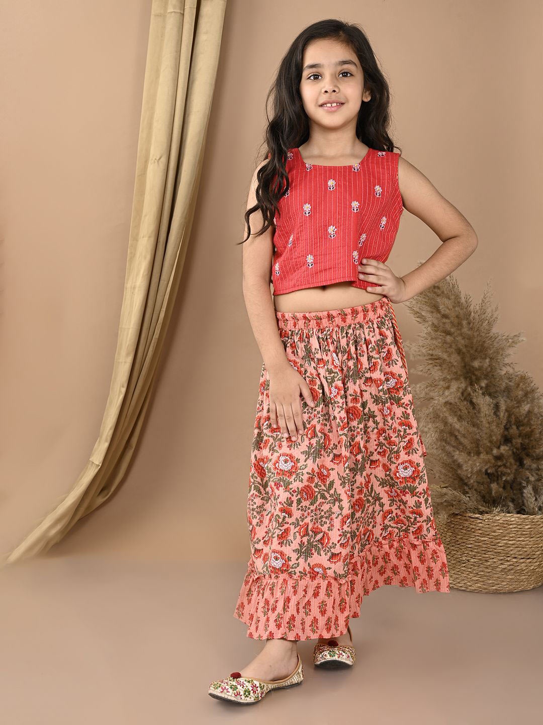 

Sangria Girls Katha Printed Cotton Lehenga With Embroidered Choli, Peach