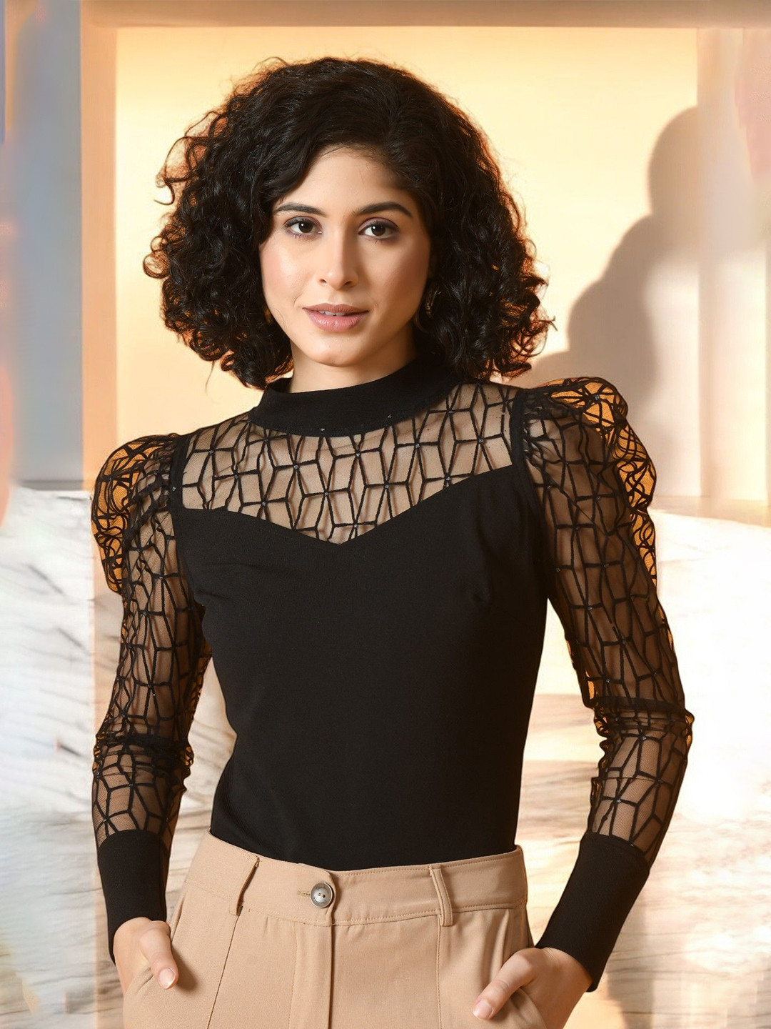 

BAESD Women Self Design High Neck Top, Black