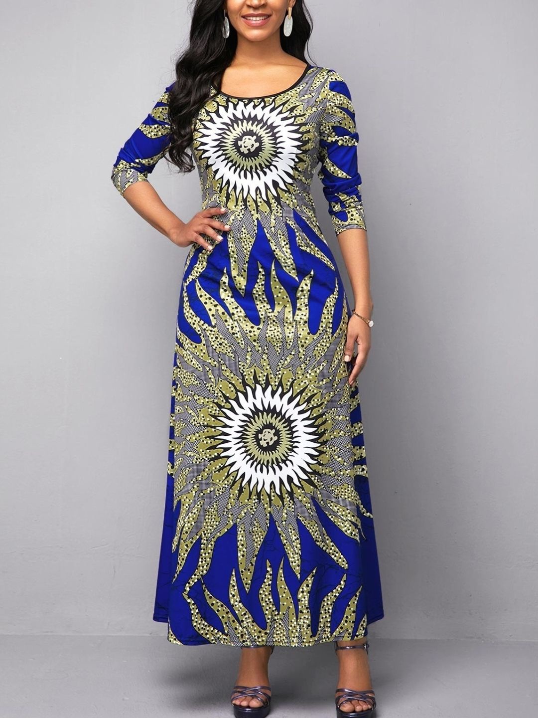 

KPOP Ethnic Motifs Printed A-Line Maxi Dress, Blue