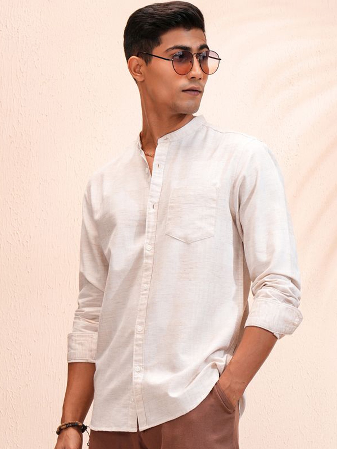 

LOCOMOTIVE Premium Men Yarn Dobby Textured Mandarin Collar Casual Shirt, Beige