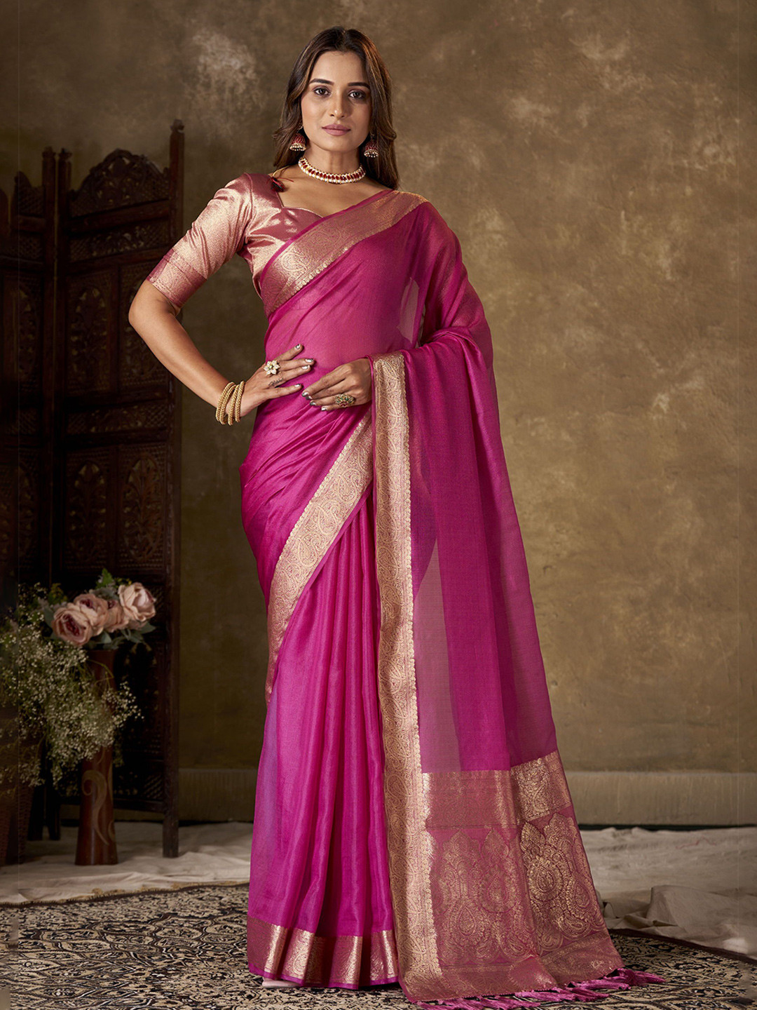 

KAYOMMI Zari Organza Kanjeevaram Saree, Purple