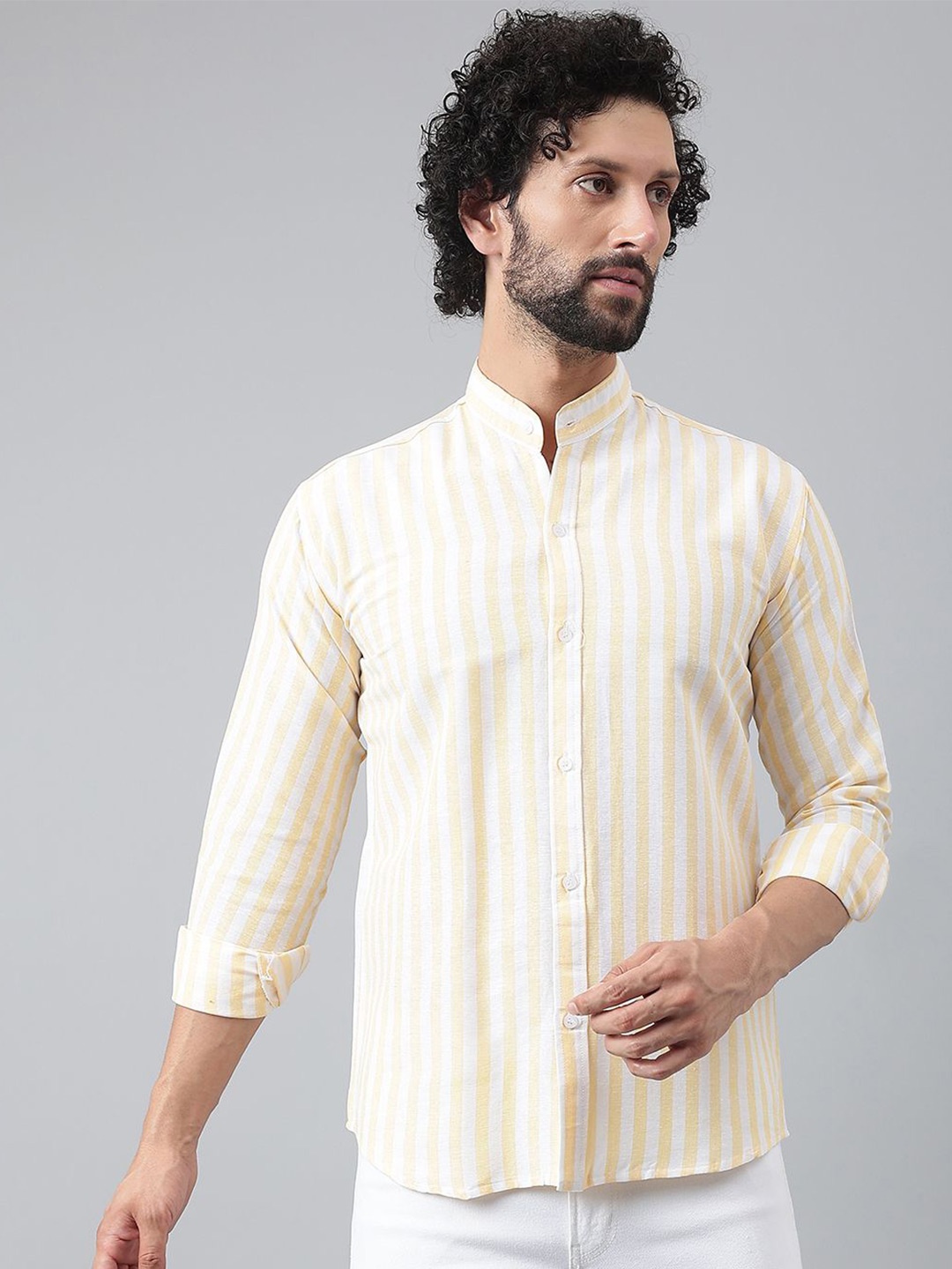 

KLOSET BY RIAG Men Classic Band Collar Vertical Striped Cotton Casual Shirt, Cream
