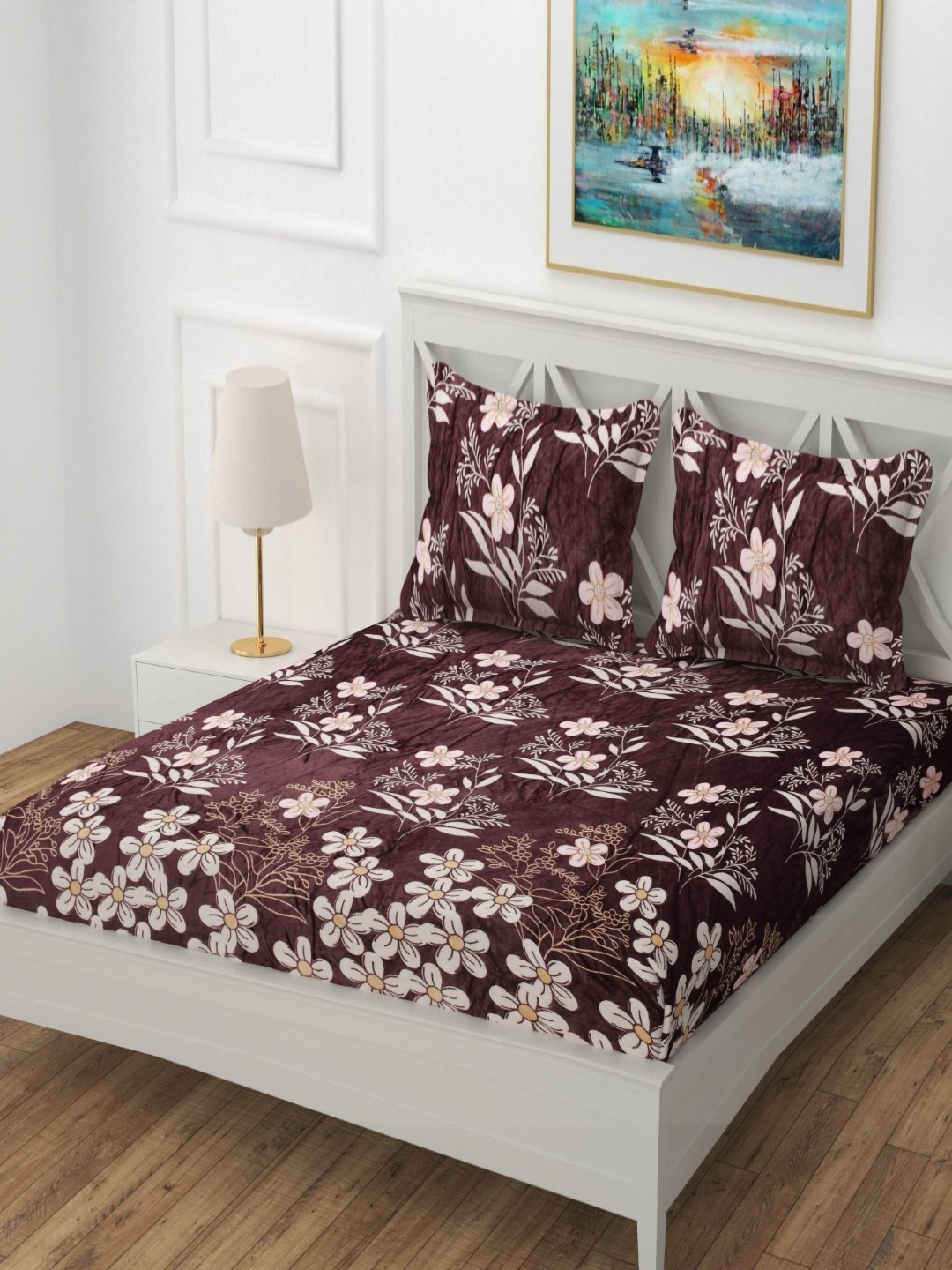 

RIDHAAN Brown Printed Fitted Double Queen Bedsheet with 2 Pillow Covers