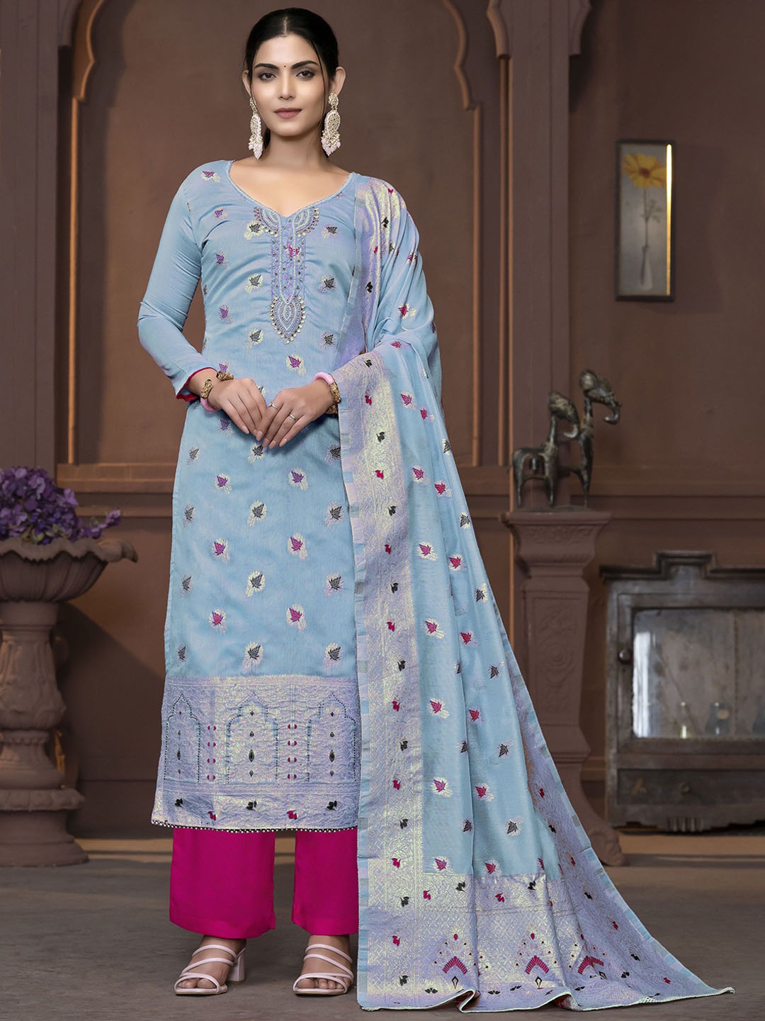 

Maroosh Floral Woven Design Beads & Stones Unstitched Dress Material, Sea green