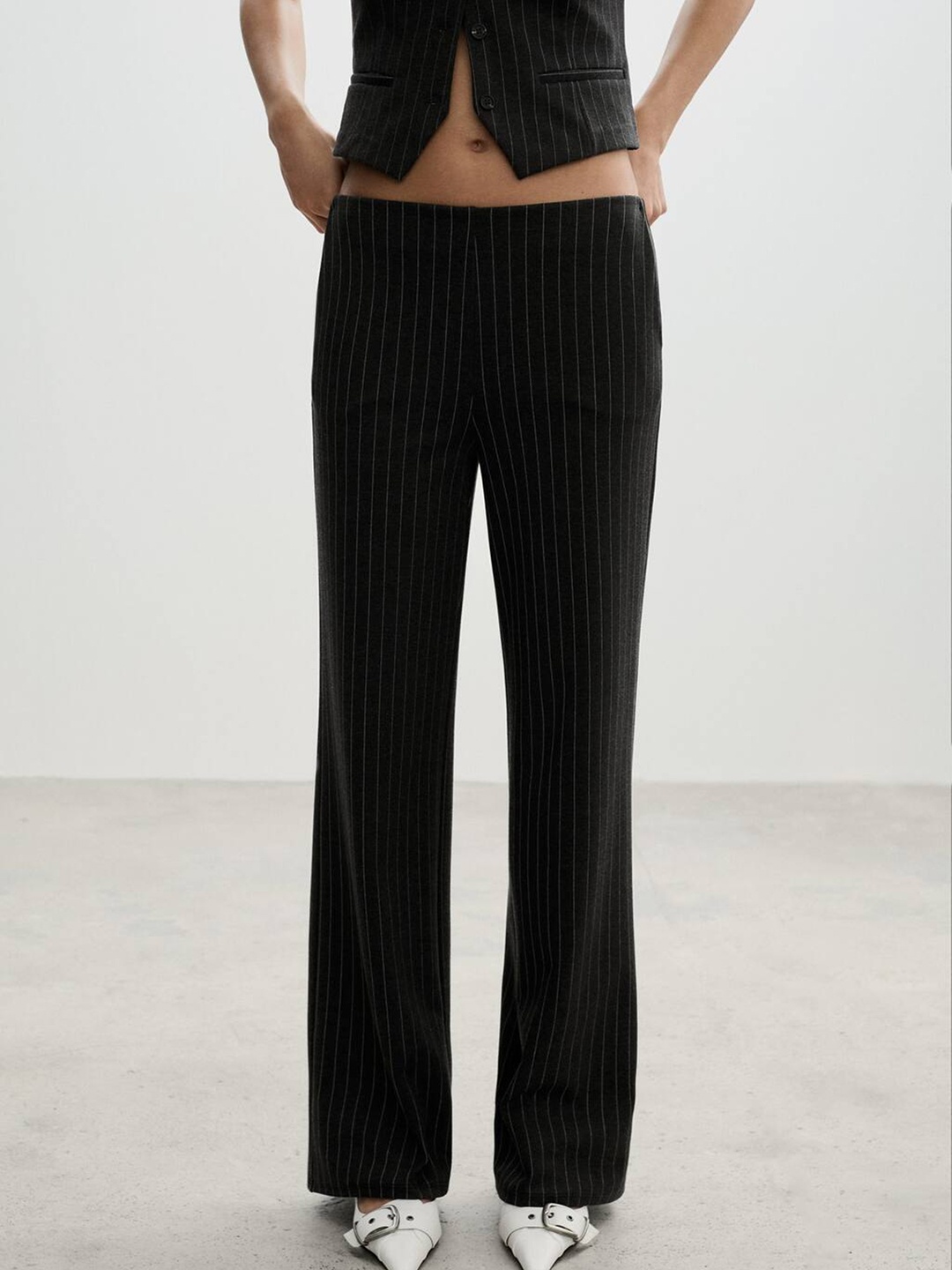 

MANGO Women Pinstriped Straight Fit Trousers, Black