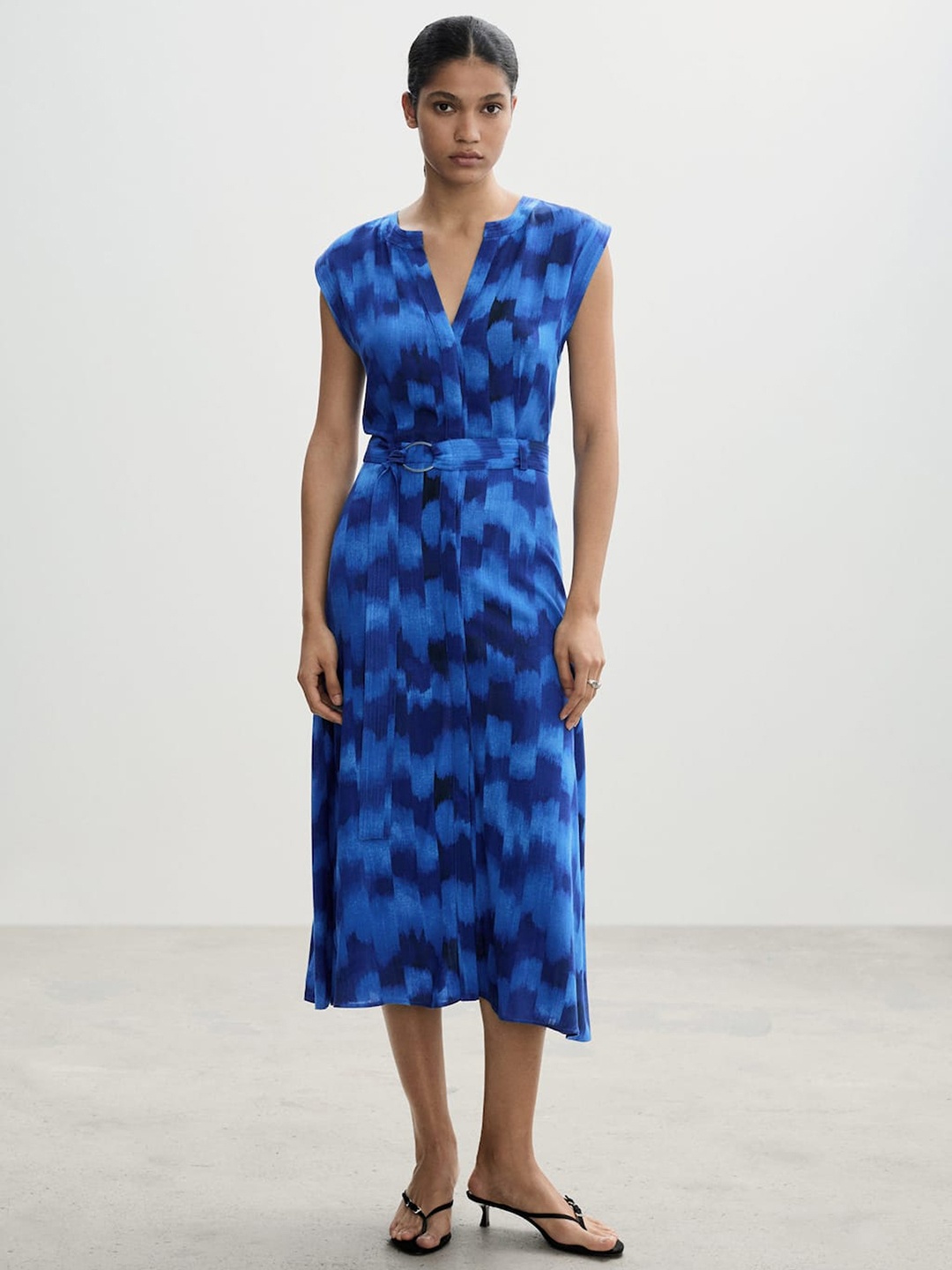

MANGO Abstract Printed A-Line Midi Dress, Blue
