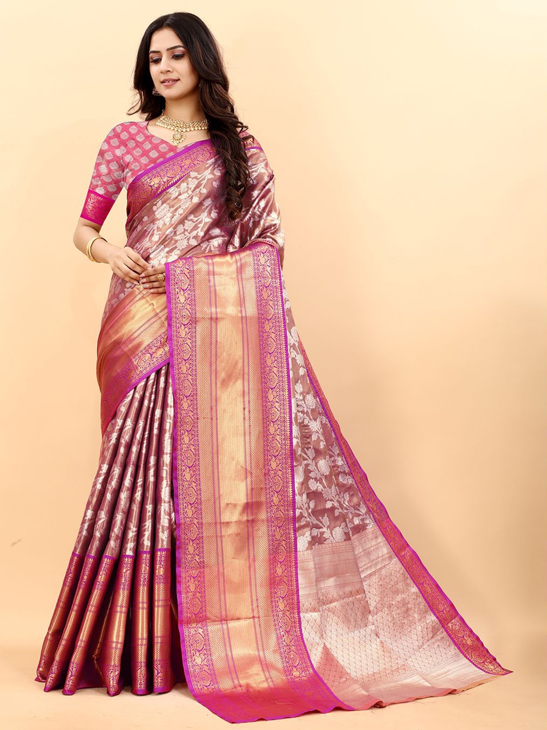 

NIWAA Woven Design Zari Pure Silk Tussar Saree, Brown