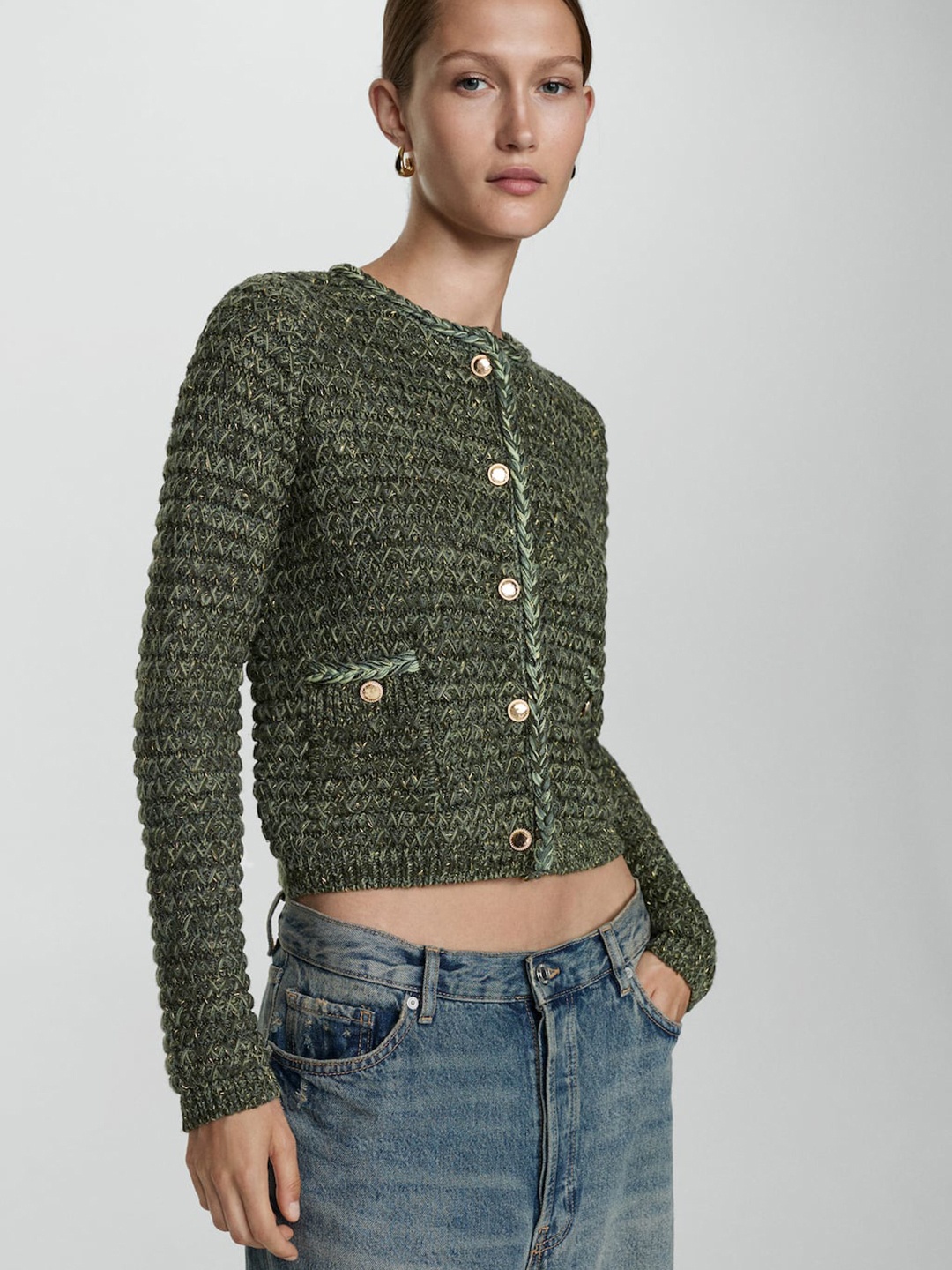 

MANGO Lurex Chunky-Knit Cardigan, Green