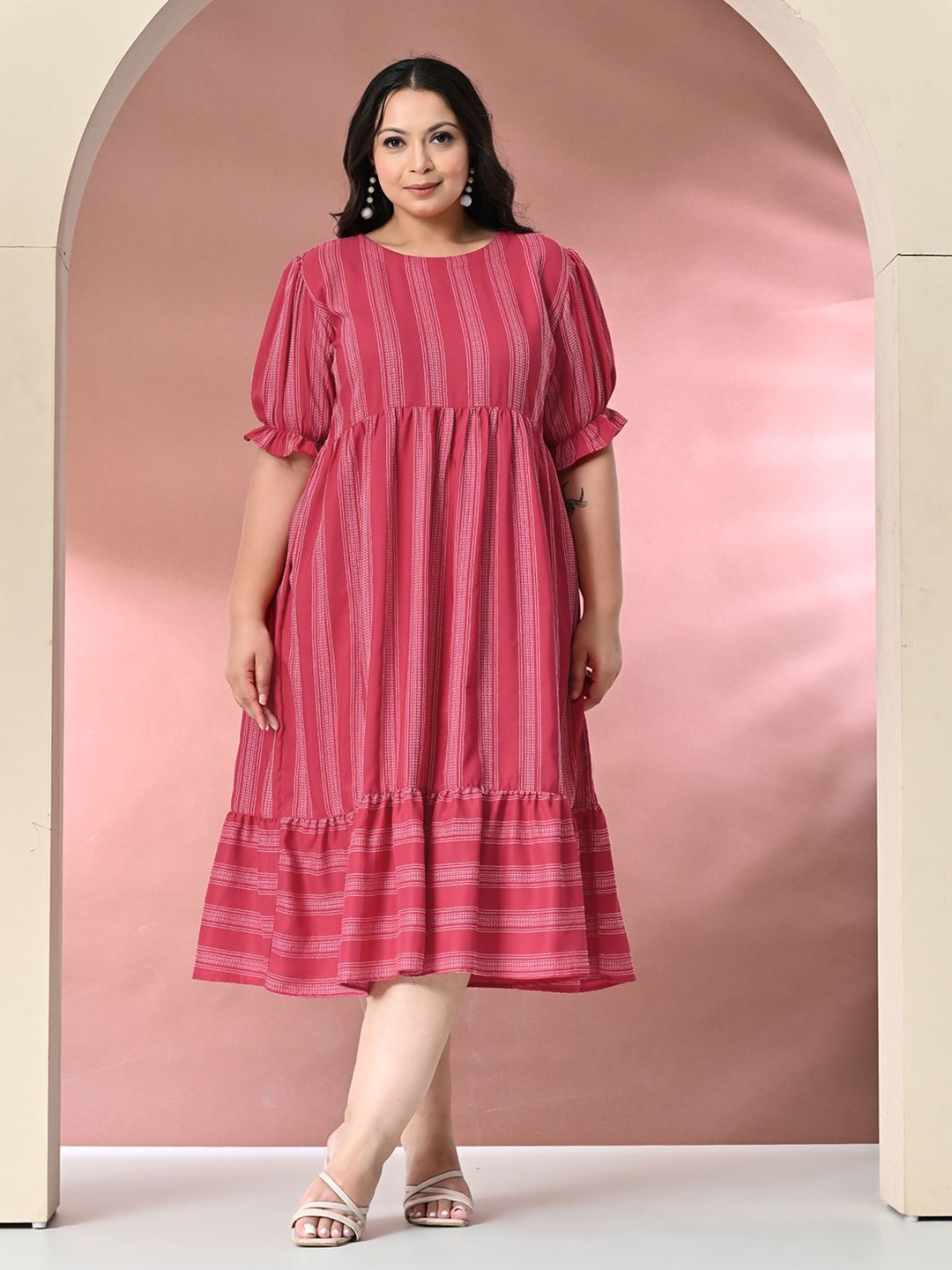 

PrettyPlus by Desinoor.com Striped Fit & Flare Midi Dress, Fuchsia