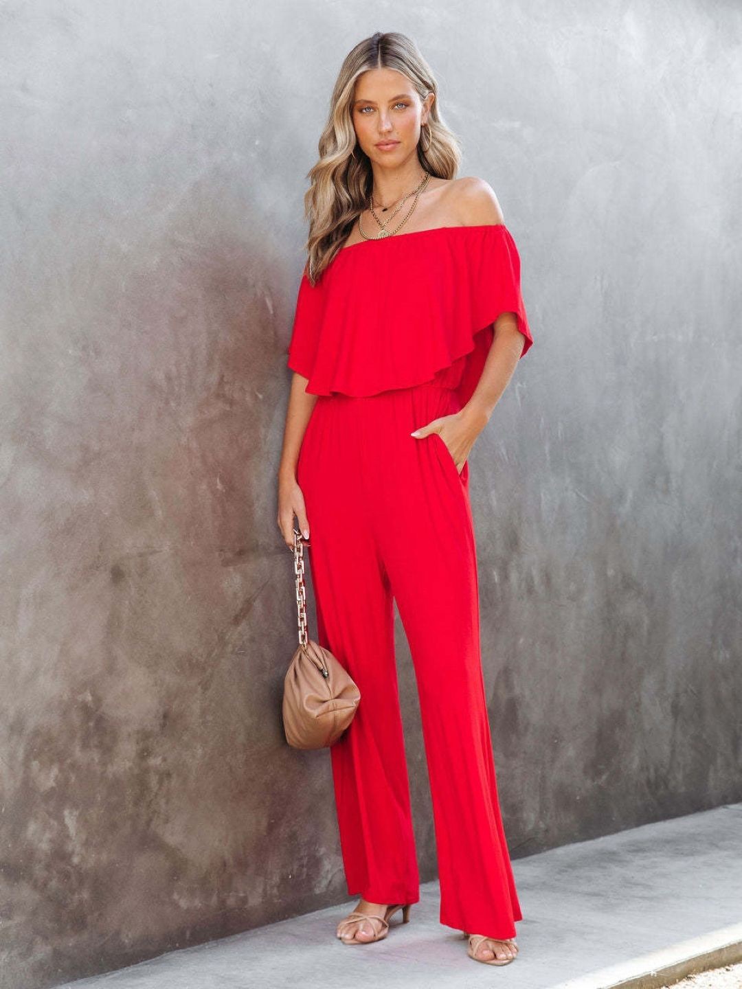 

KPOPWomen Off-Shoulder Basic Jumpsuit, Red