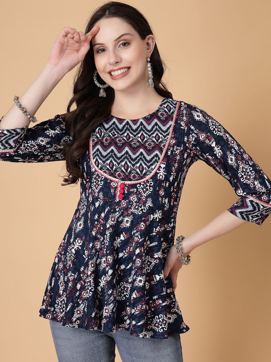 

God Bless Women Ethnic Motifs Printed Round Neck Top, Blue