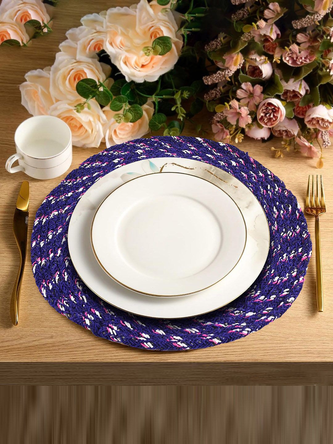 

Kuber Industries Blue & Pink 4 Pieces printed Cotton Round Shape Table Placemats