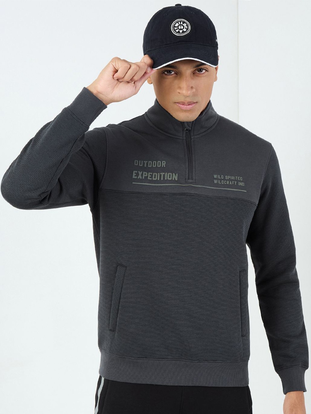 

Wildcraft Men Typography Colourblocked Mock Collar Cotton Pullover Sweatshirt, Black
