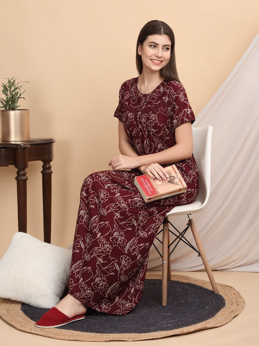 

Sweet Dreams Women Printed Maxi Nightdress, Maroon