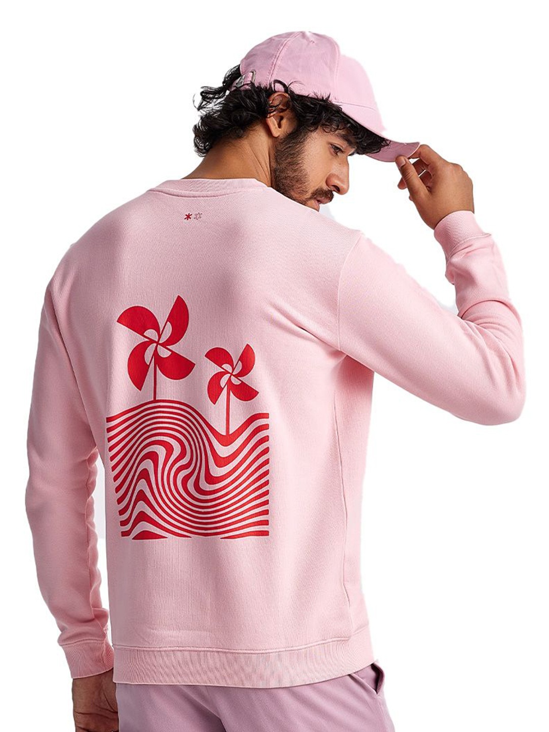 

Ludic Men Floral Printed Round Neck Cotton Pullover Sweatshirt, Pink