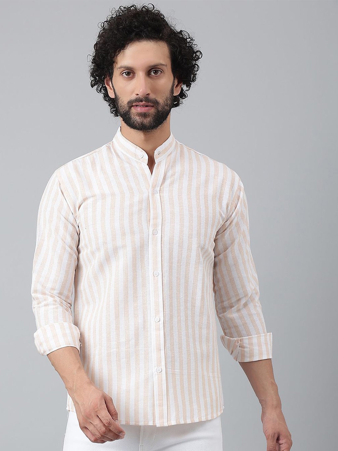 

KLOSET BY RIAG Men Classic Band Collar Vertical Striped Cotton Casual Shirt, Beige