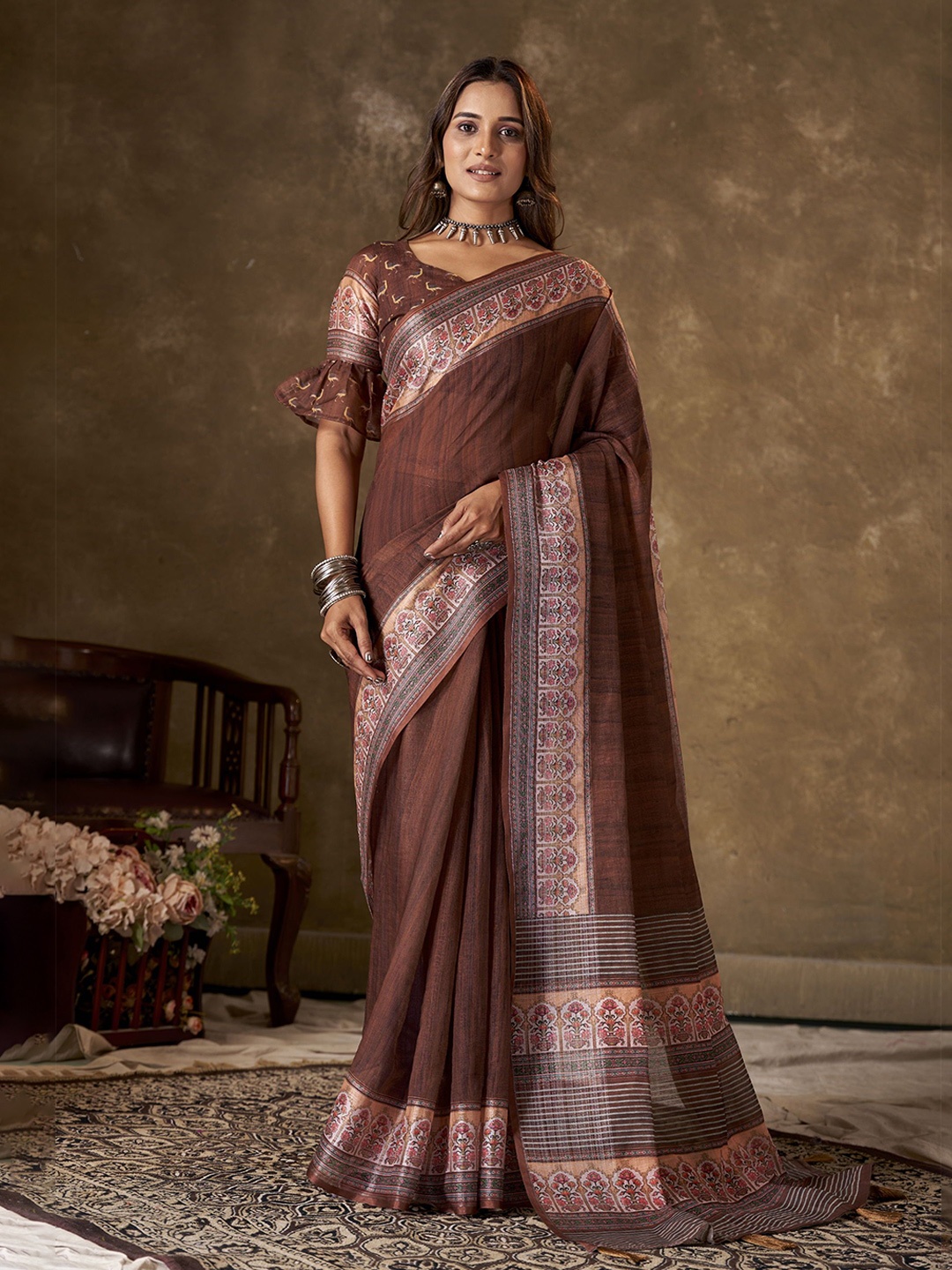 

KAYOMMI Pure Linen Bhagalpuri Saree, Brown
