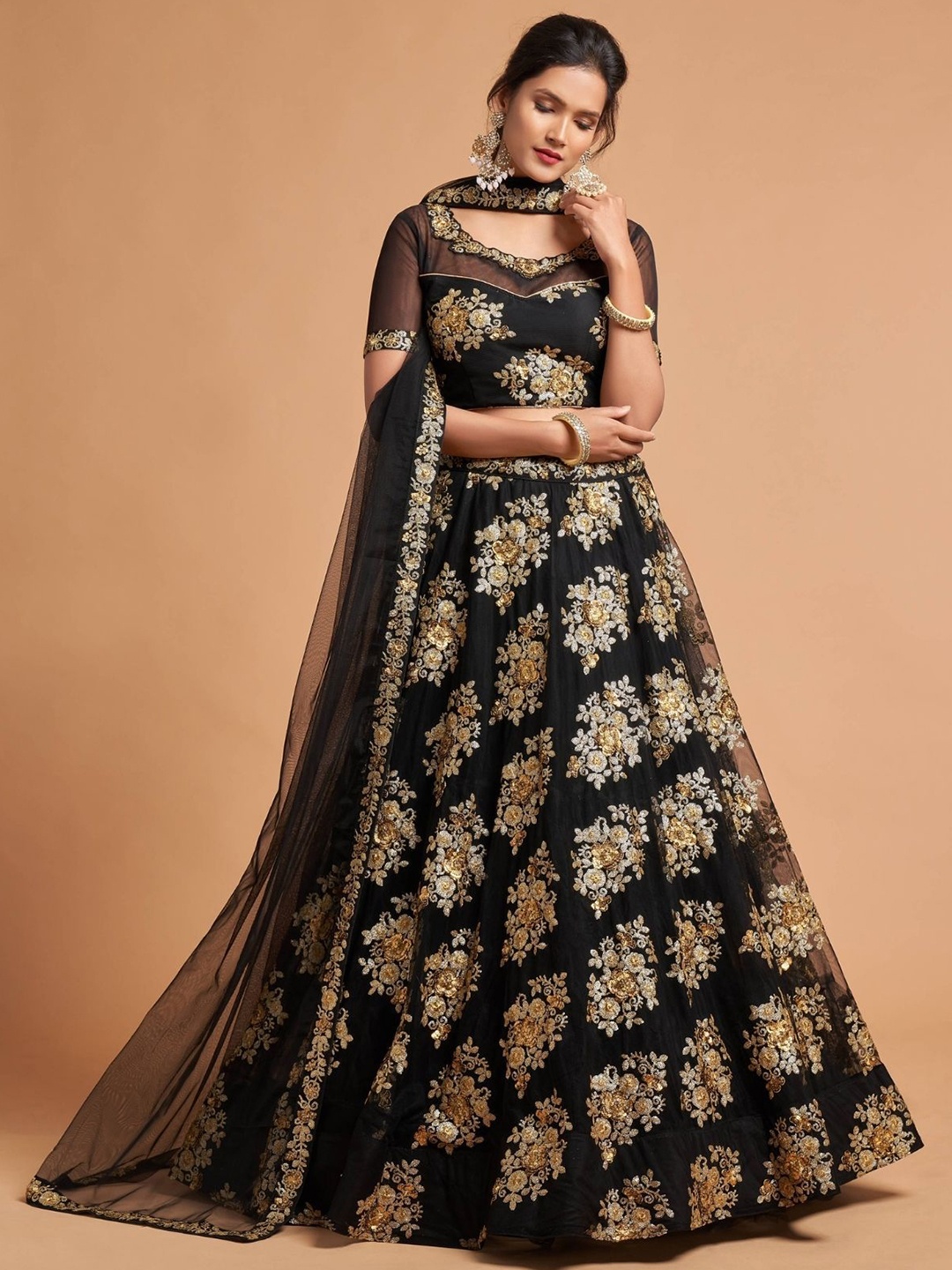 

ODETTE Embroidered Thread Work Semi-Stitched Lehenga & Blouse With Dupatta, Black