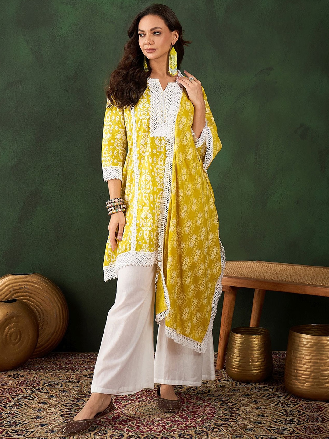 

Sangria Paisley Printed Cotton A-Line Kurta With Palazzos & Dupatta Set, Yellow