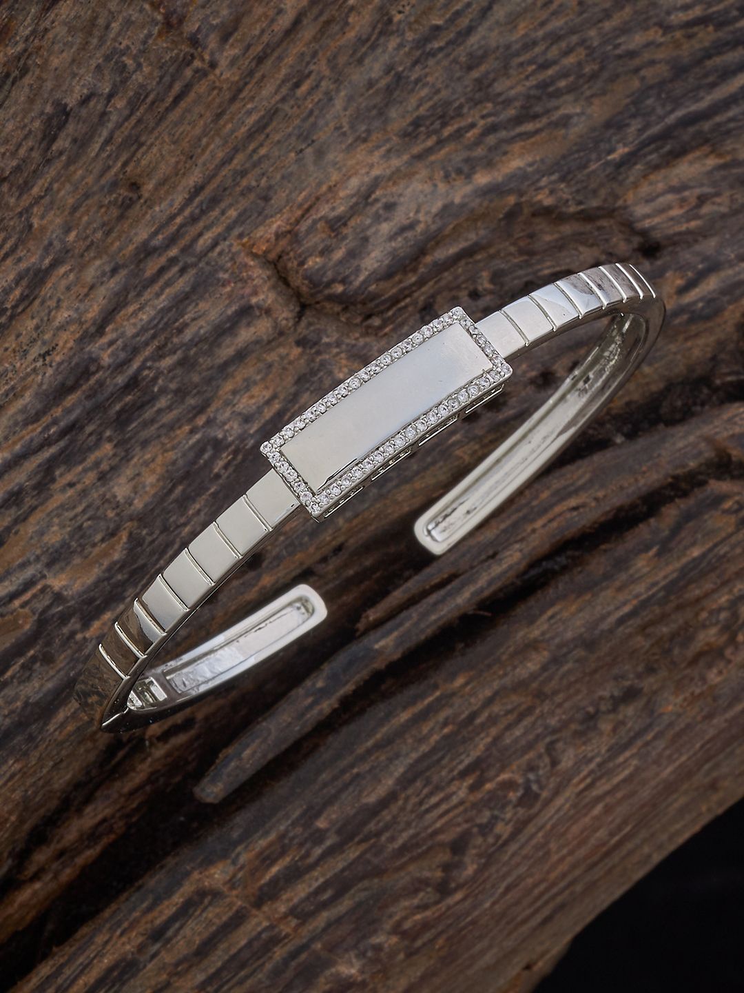 

Kushal's Fashion Jewellery Rhodium-Plated CZ Stone Studded Kada Bracelet, Silver