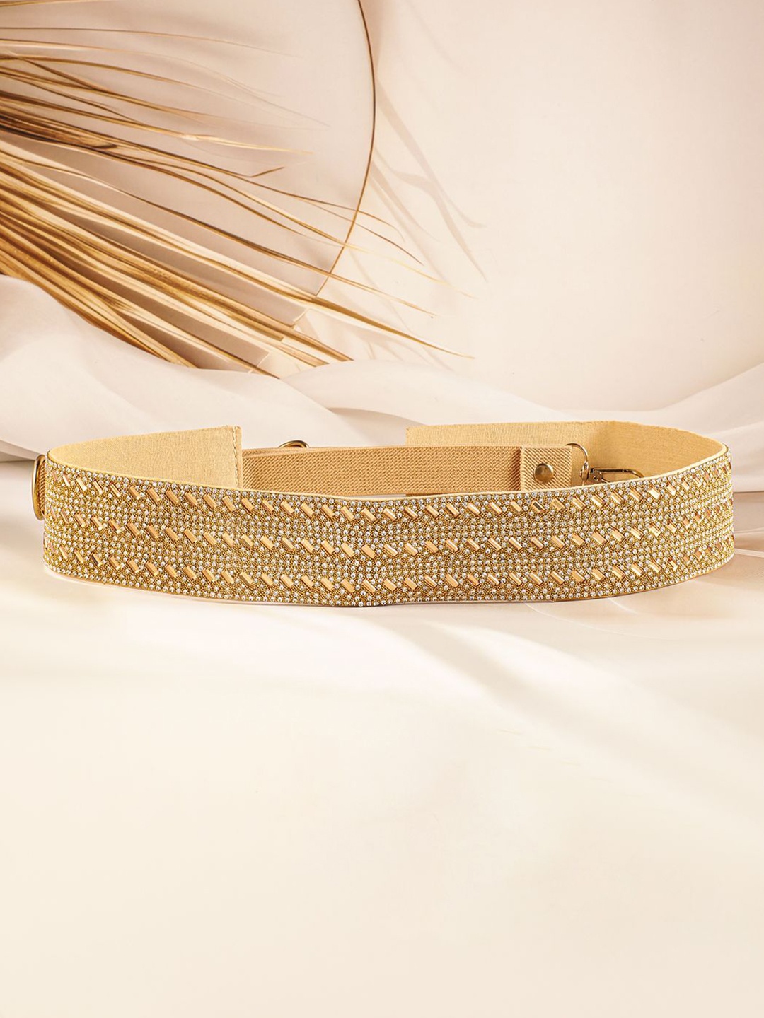 

Rubans Gold-Tone Crystal Zirconia Studded Adjustable Waist Belt with Geometric Design