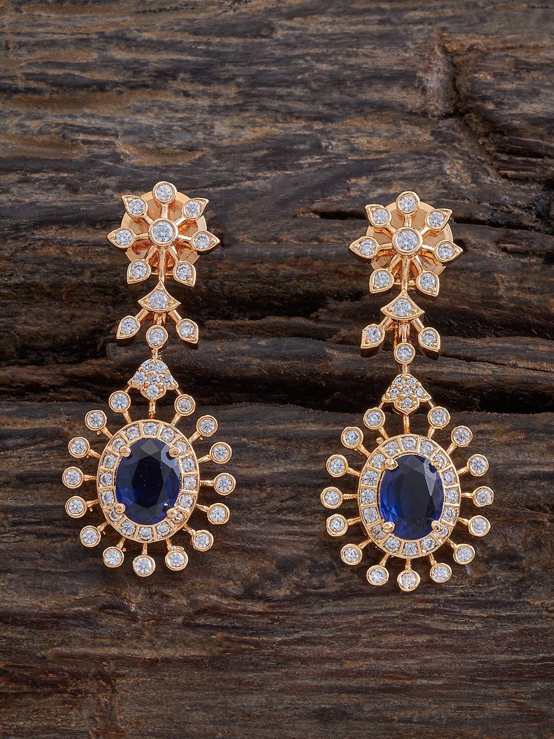 

Kushal's Fashion Jewellery Gold-Plated Sapphire & Zircon Studded Drop Earrings