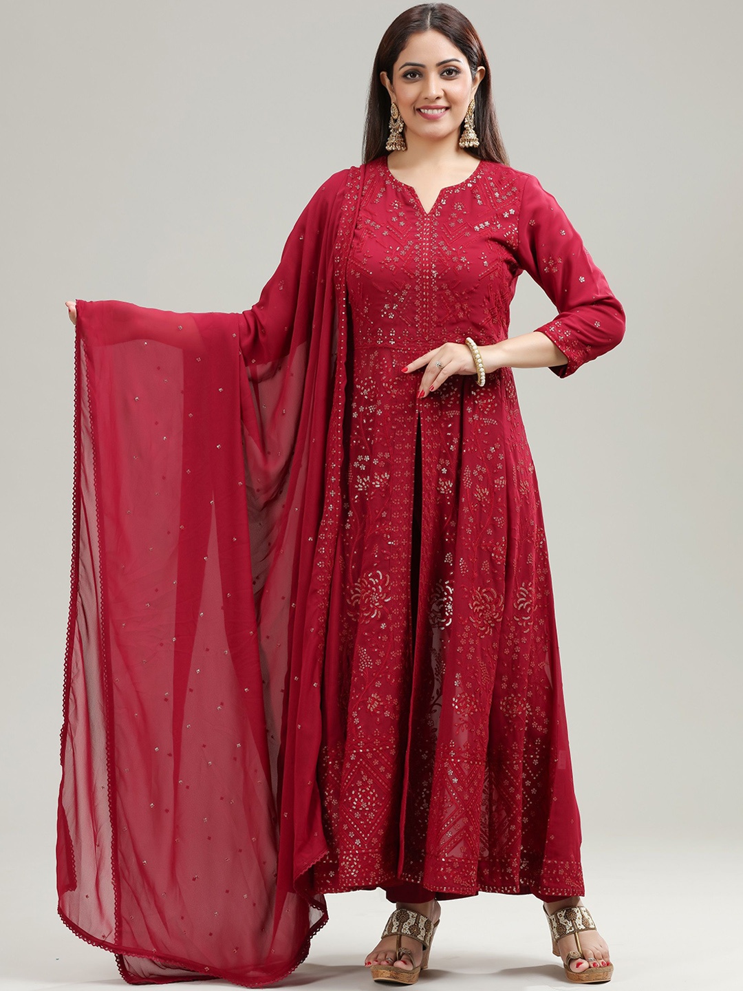 

COTTON CULTURE Embroidered Anarkali Kurta & Palazzos With Dupatta, Maroon