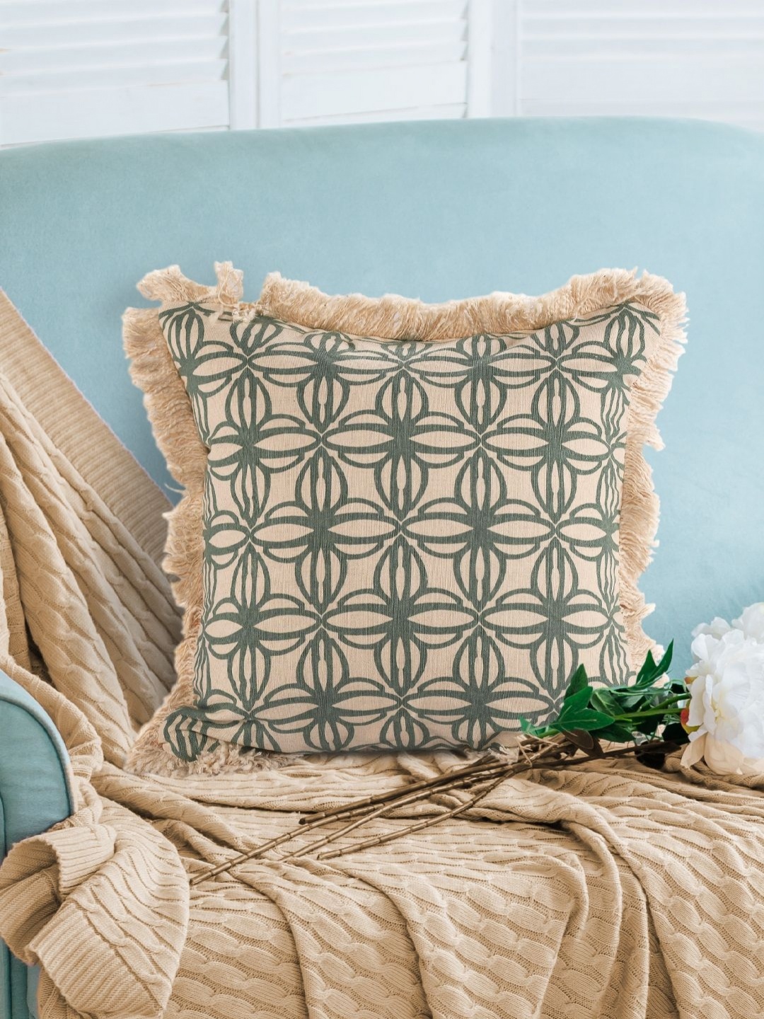 

SASHAA WORLD Beige & Green Ethnic Motifs Square Cushion Covers