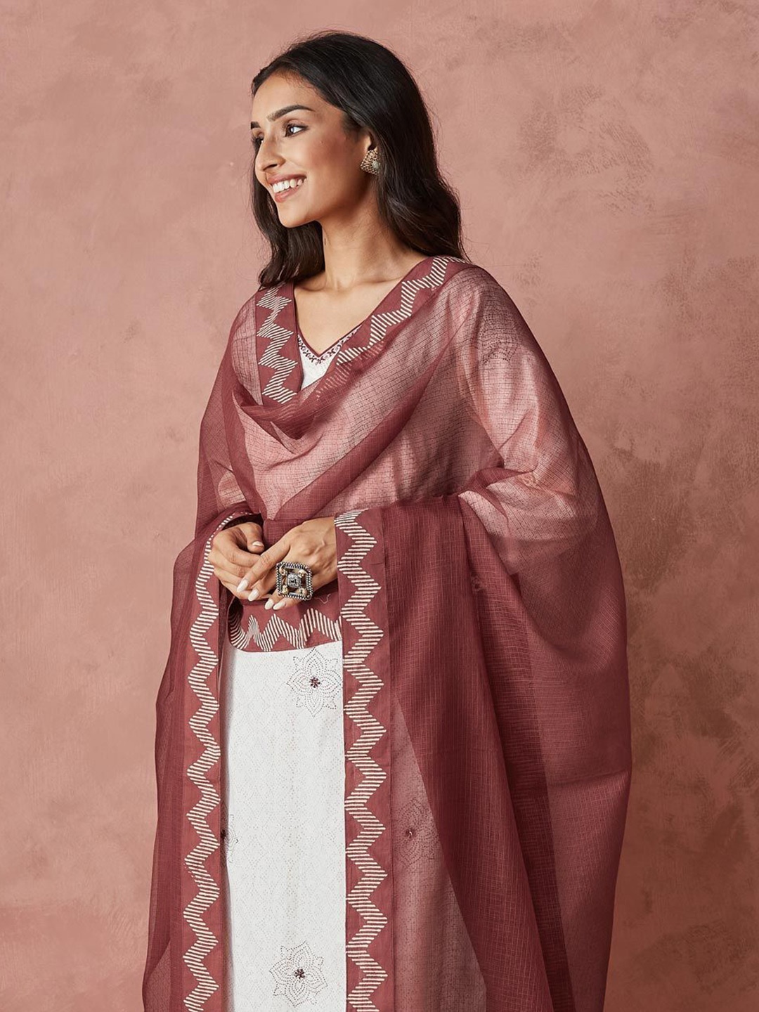 

Fabindia Striped Woven Design Cotton Silk Dupatta, Red