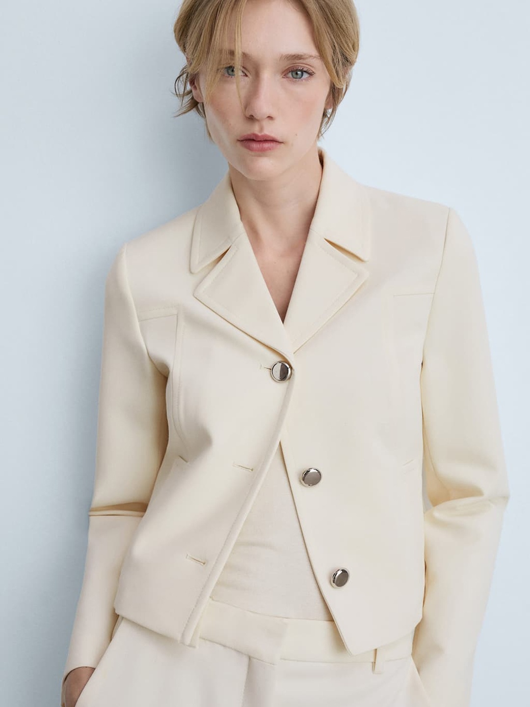 

MANGO Lapel Collar Single-Breasted Blazer, Cream